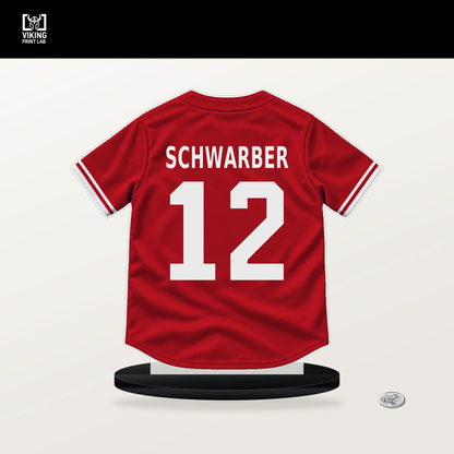Kyle Schwarber number 12 Philadelphia Phillies jersey stand with included black base.