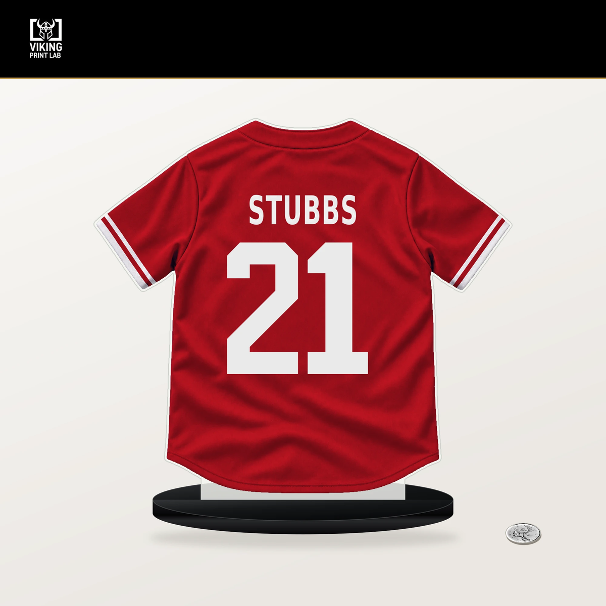 Garrett Stubbs number 21 Philadelphia Phillies jersey stand with included black base.