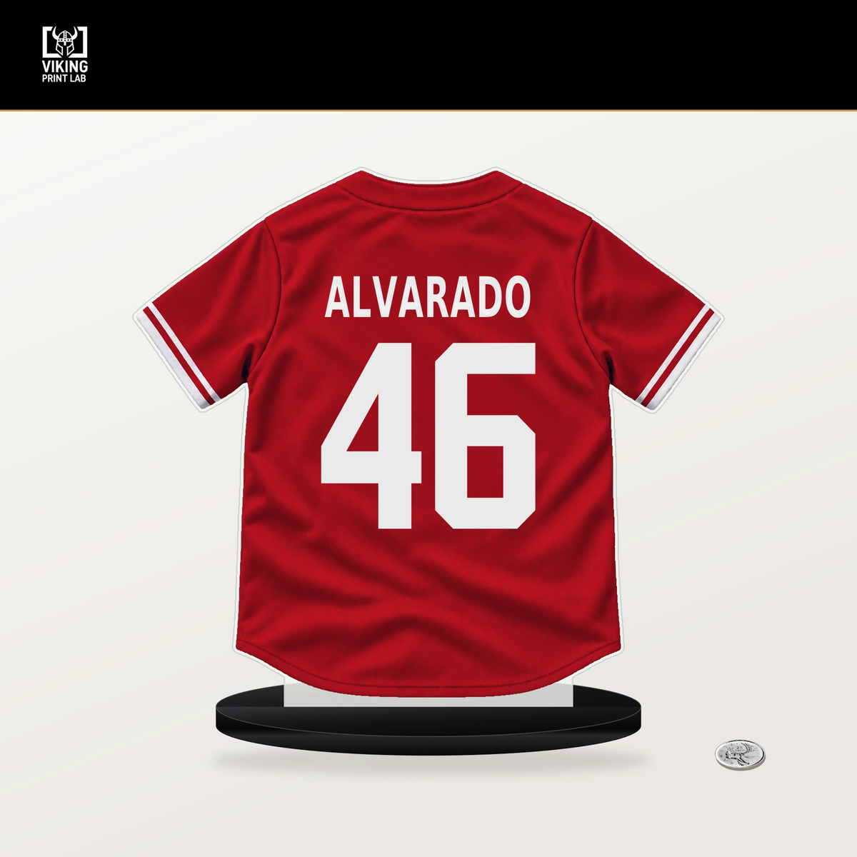Jose Alvarado number 46 Philadelphia Phillies jersey stand with included black base.