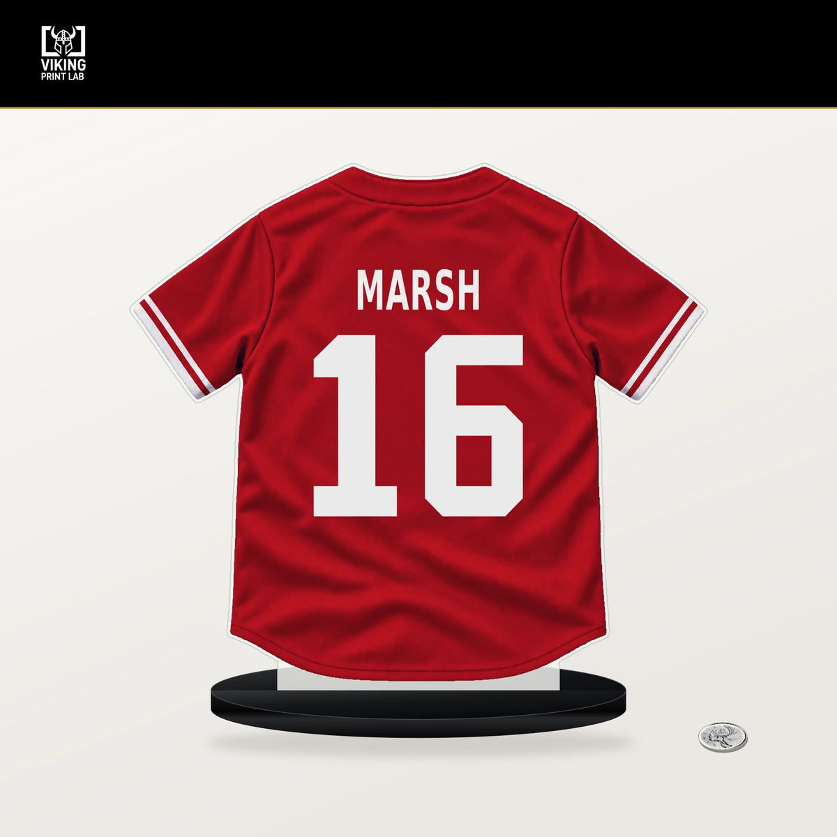 Brandon Marsh number 16 Philadelphia Phillies jersey stand with included black base.