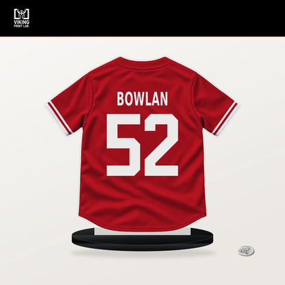 Jonathan Bowlan number 52 Philadelphia Phillies jersey stand with included black base.