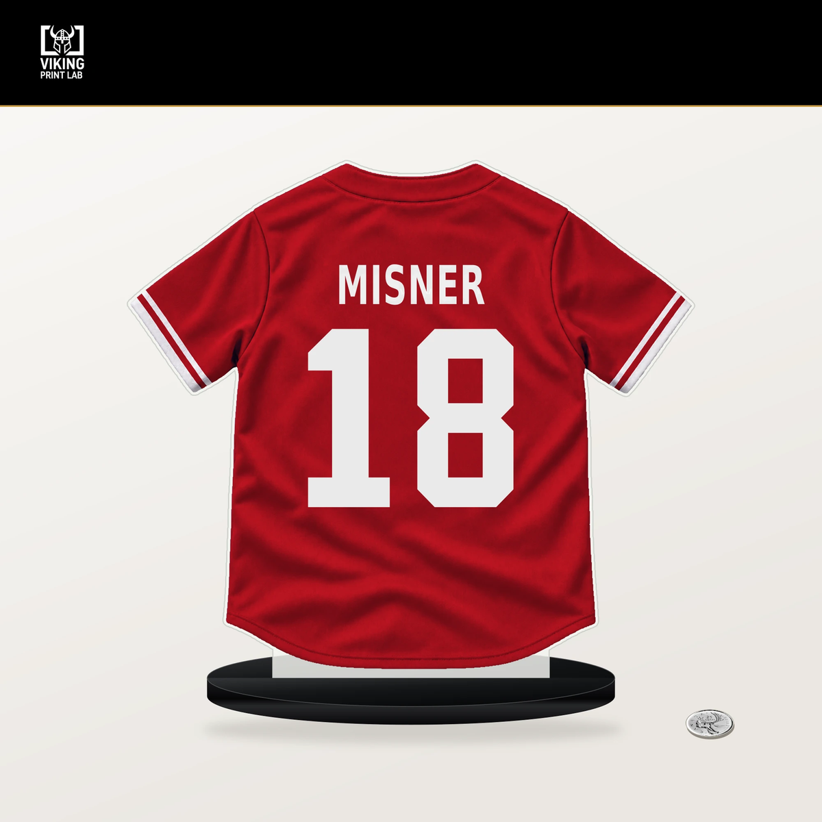 Kameron Misner number 18 Philadelphia Phillies jersey stand with included black base.