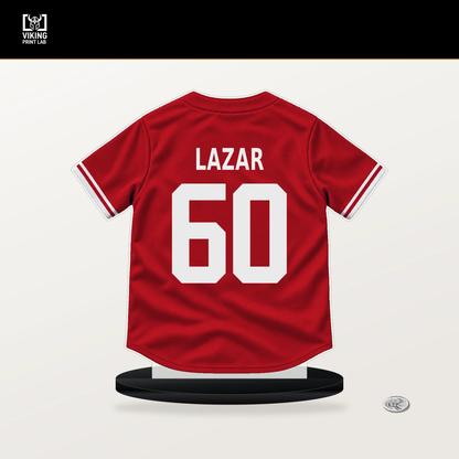 Max Lazar number 60 Philadelphia Phillies jersey stand with included black base.