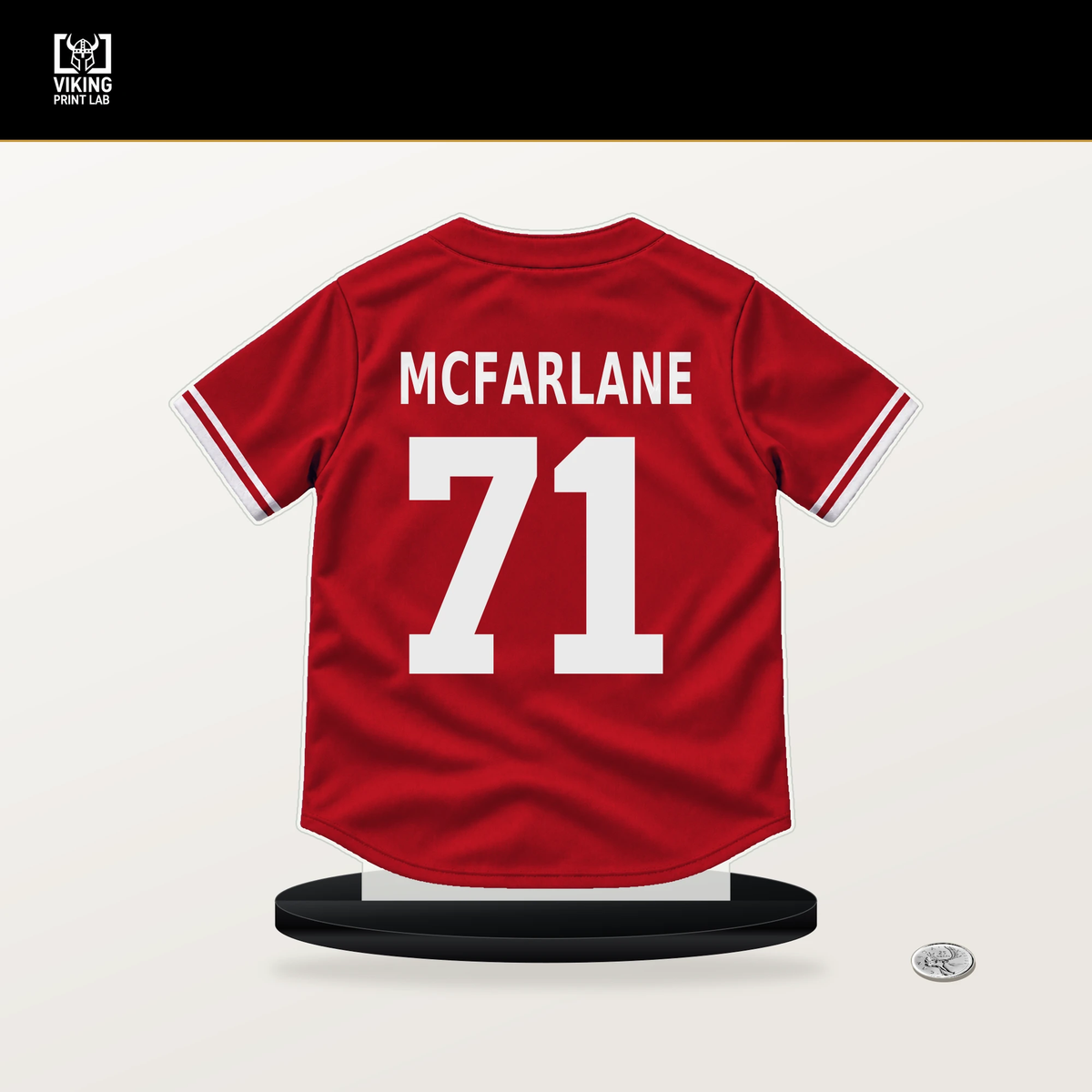 Alex McFarlane number 71 Philadelphia Phillies jersey stand with included black base.