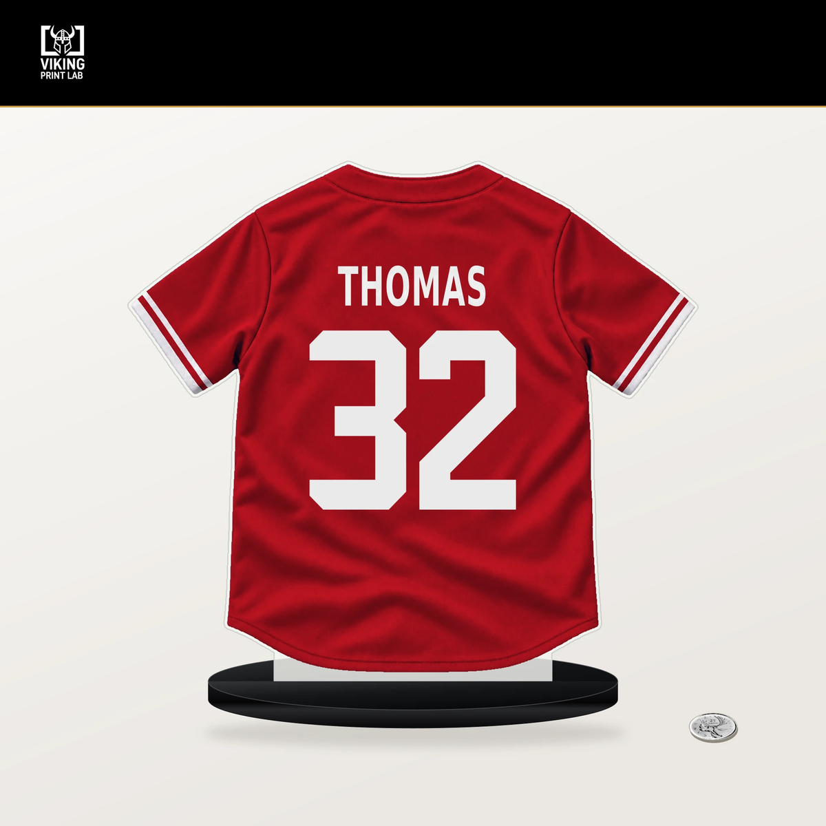 Colby Thomas number 32 Philadelphia Phillies jersey stand with included black base.