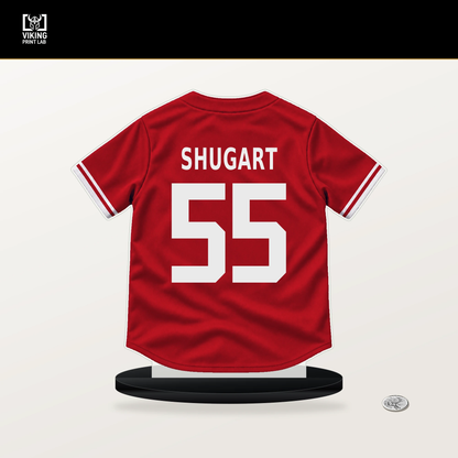 Chase Shugart number 55 Philadelphia Phillies jersey stand with included black base.
