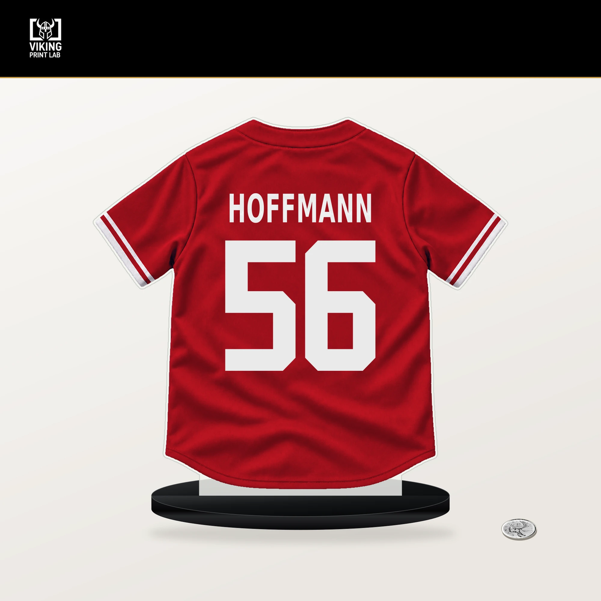 Andrew Hoffmann number 56 Philadelphia Phillies jersey stand with included black base.