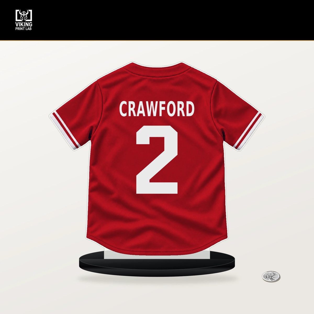 Justin Crawford number 2 Philadelphia Phillies jersey stand with included black base.