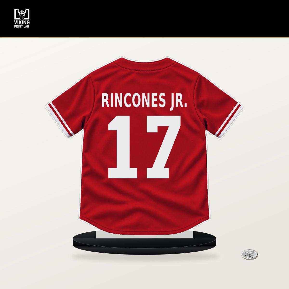 Gabriel Rincones Jr. number 17 Philadelphia Phillies jersey stand with included black base.