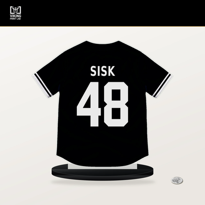 Evan Sisk number 48 Pittsburgh Pirates jersey stand with included black base.