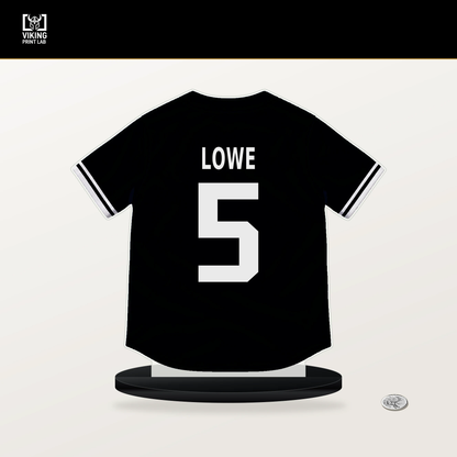 Brandon Lowe number 5 Pittsburgh Pirates jersey stand with included black base.