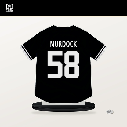 Noah Murdock number 58 Pittsburgh Pirates jersey stand with included black base.