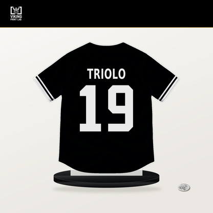 Jared Triolo number 19 Pittsburgh Pirates jersey stand with included black base.
