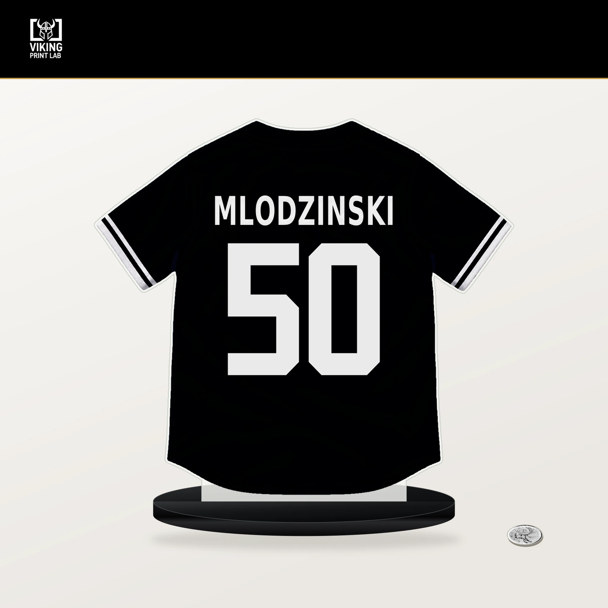 Carmen Mlodzinski number 50 Pittsburgh Pirates jersey stand with included black base.