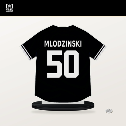 Carmen Mlodzinski number 50 Pittsburgh Pirates jersey stand with included black base.