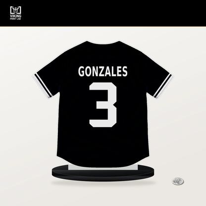 Nick Gonzales number 3 Pittsburgh Pirates jersey stand with included black base.