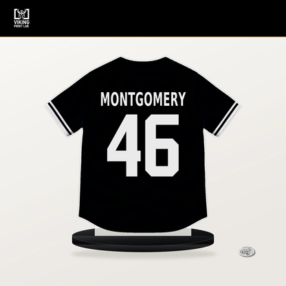Mason Montgomery number 46 Pittsburgh Pirates jersey stand with included black base.