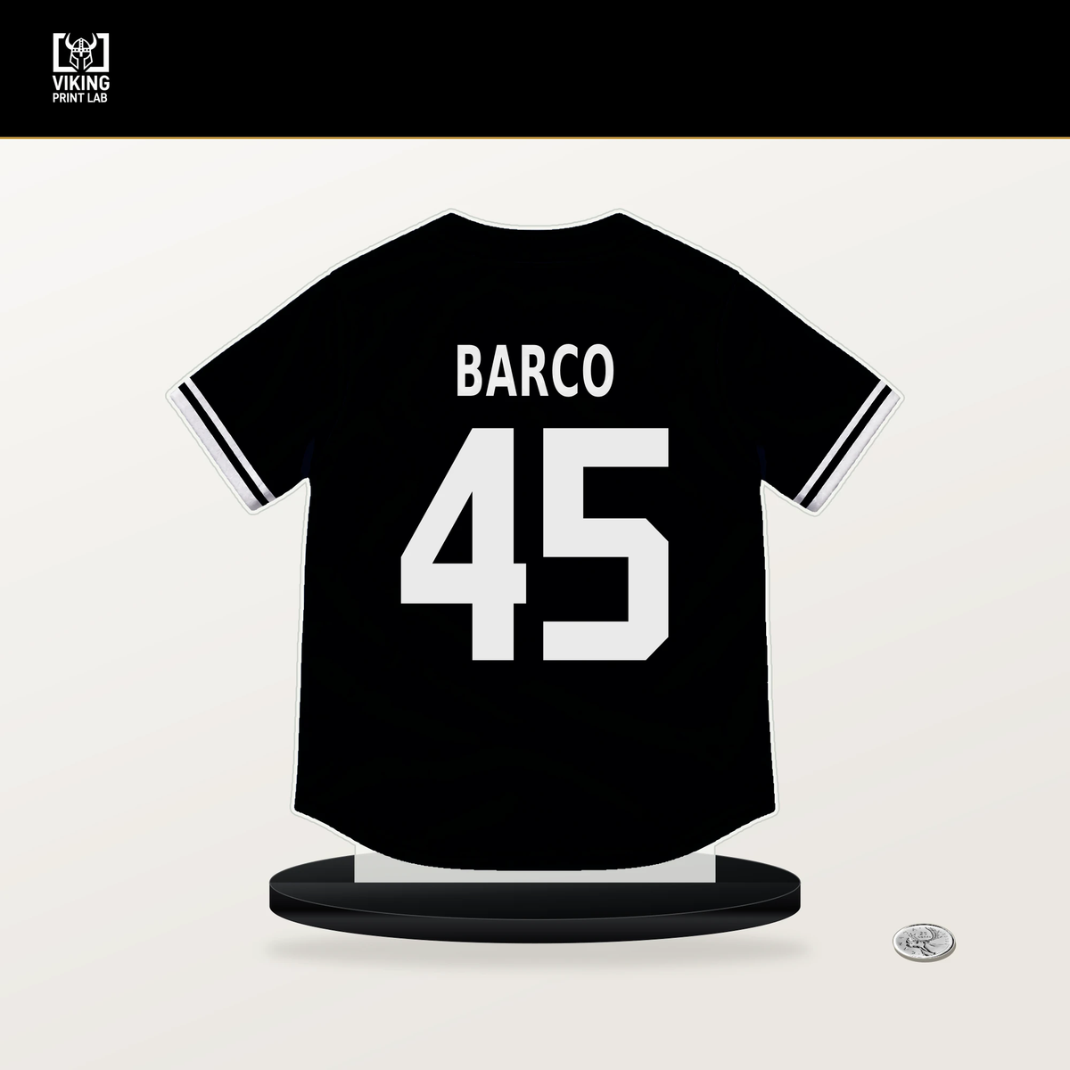 Hunter Barco number 45 Pittsburgh Pirates jersey stand with included black base.