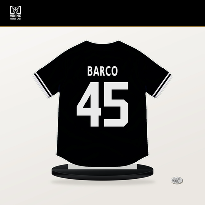 Hunter Barco number 45 Pittsburgh Pirates jersey stand with included black base.