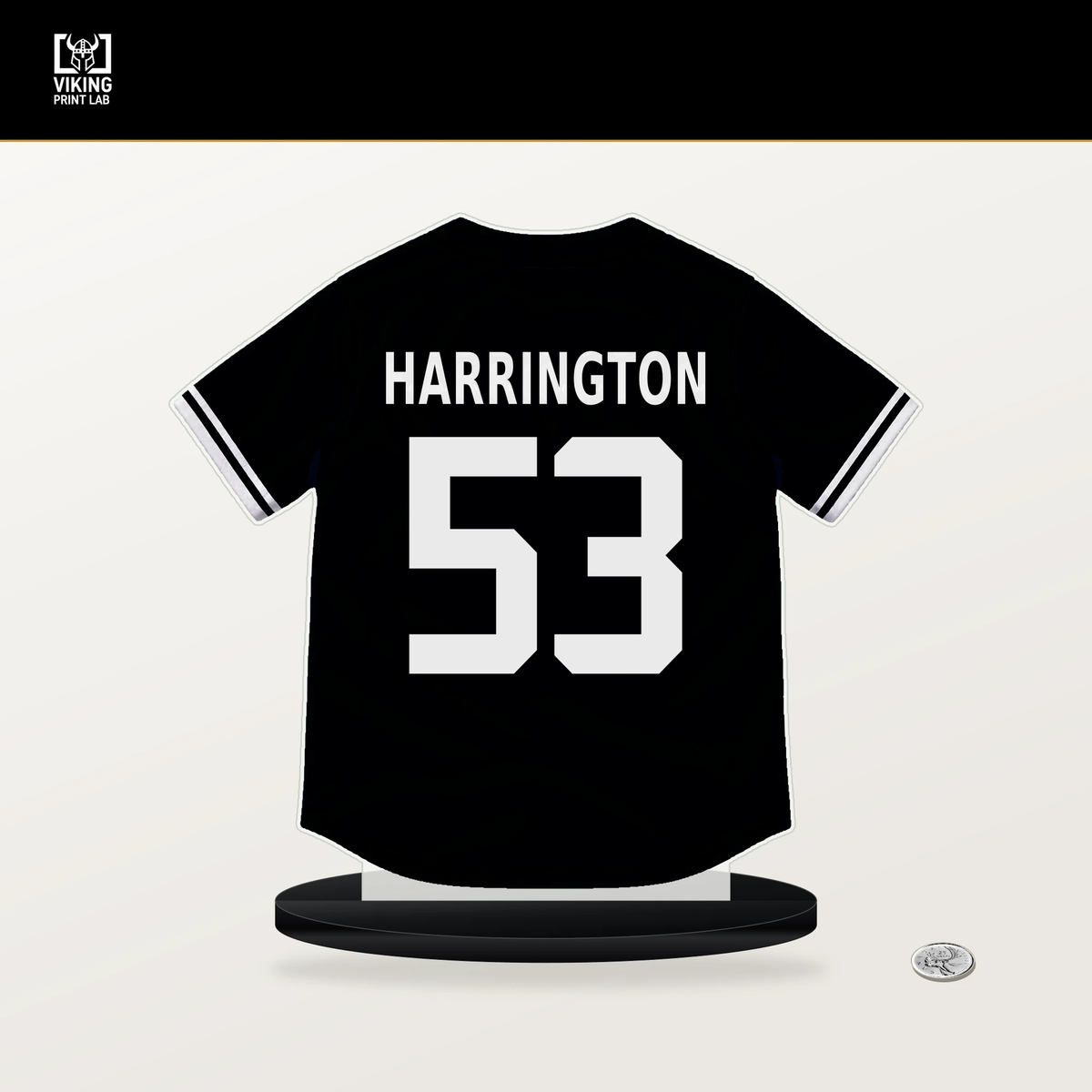 Thomas Harrington number 53 Pittsburgh Pirates jersey stand with included black base.