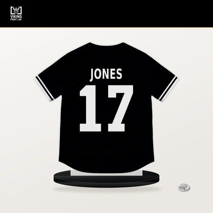 Jared Jones number 17 Pittsburgh Pirates jersey stand with included black base.