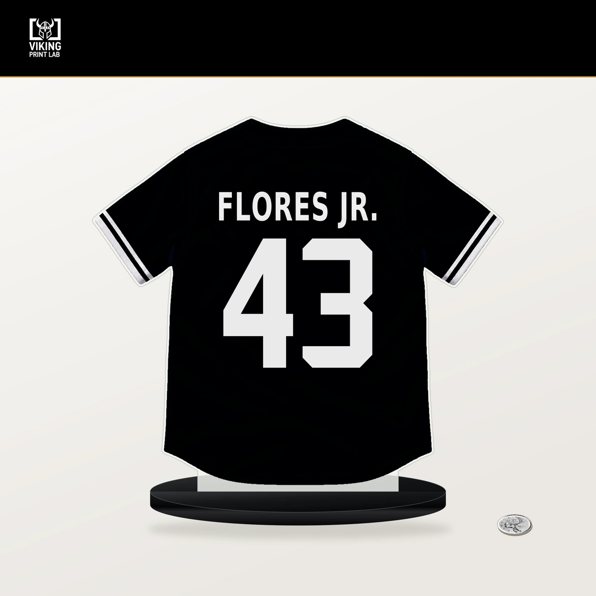 Rafael Flores Jr. number 43 Pittsburgh Pirates jersey stand with included black base.