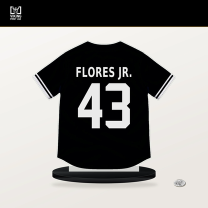 Rafael Flores Jr. number 43 Pittsburgh Pirates jersey stand with included black base.