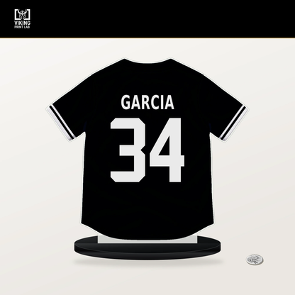 Jhostynxon Garcia number 34 Pittsburgh Pirates jersey stand with included black base.
