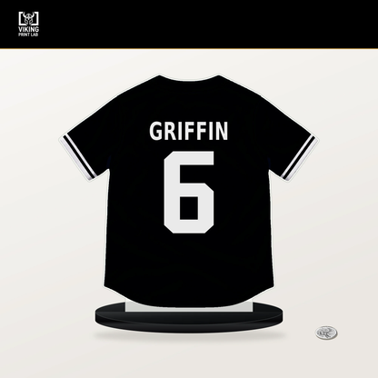 Konnor Griffin number 6 Pittsburgh Pirates jersey stand with included black base.
