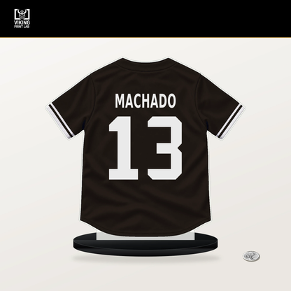 Manny Machado number 13 San Diego Padres jersey stand with included black base.