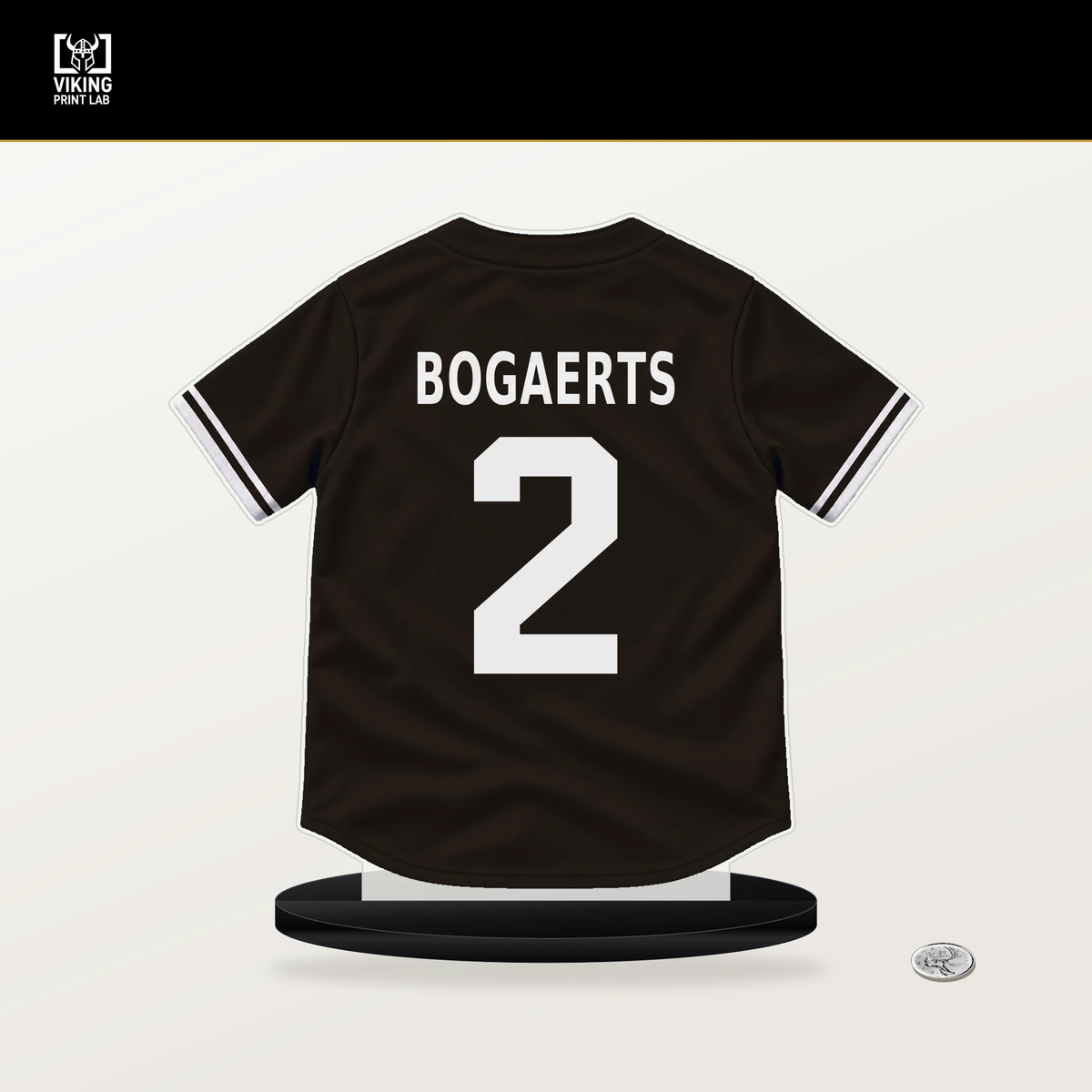 Xander Bogaerts number 2 San Diego Padres jersey stand with included black base.