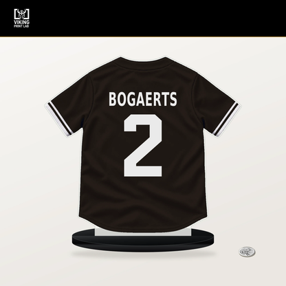 Xander Bogaerts number 2 San Diego Padres jersey stand with included black base.