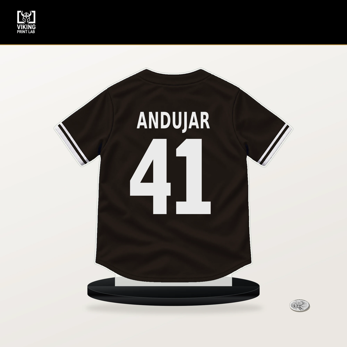 Miguel Andujar number 41 San Diego Padres jersey stand with included black base.