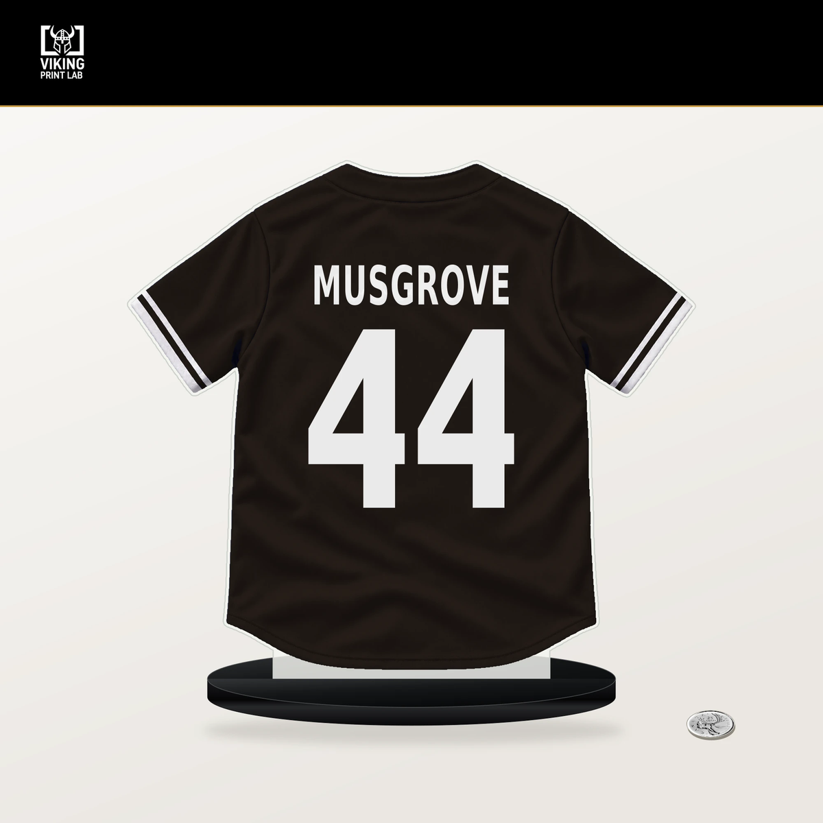 Joe Musgrove number 44 San Diego Padres jersey stand with included black base.