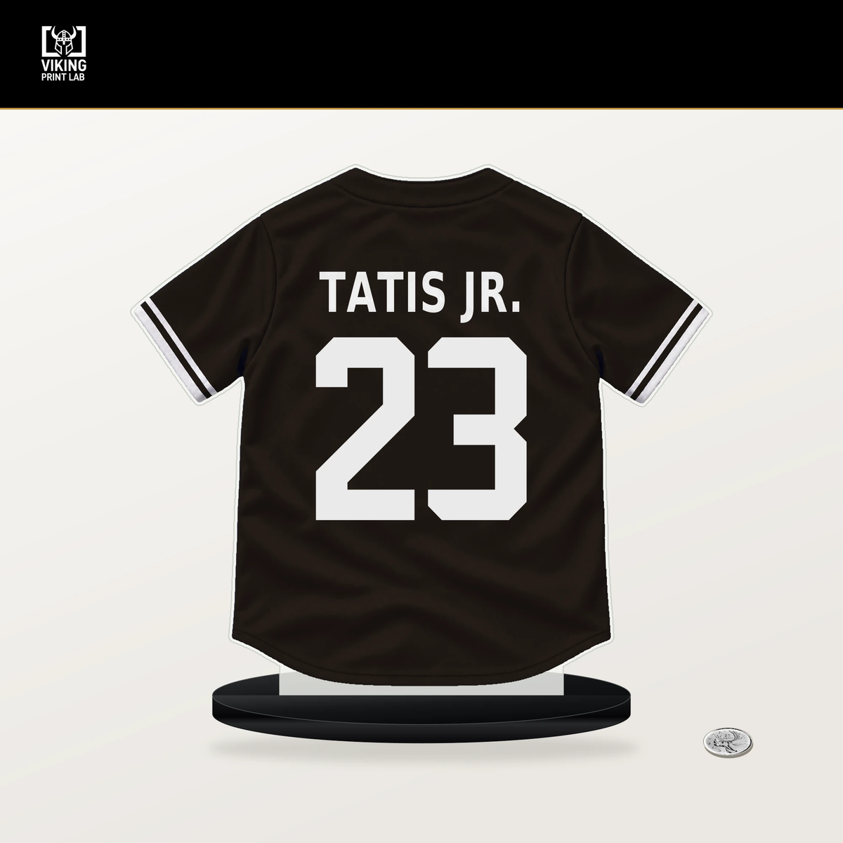 Fernando Tatis Jr. number 23 San Diego Padres jersey stand with included black base.