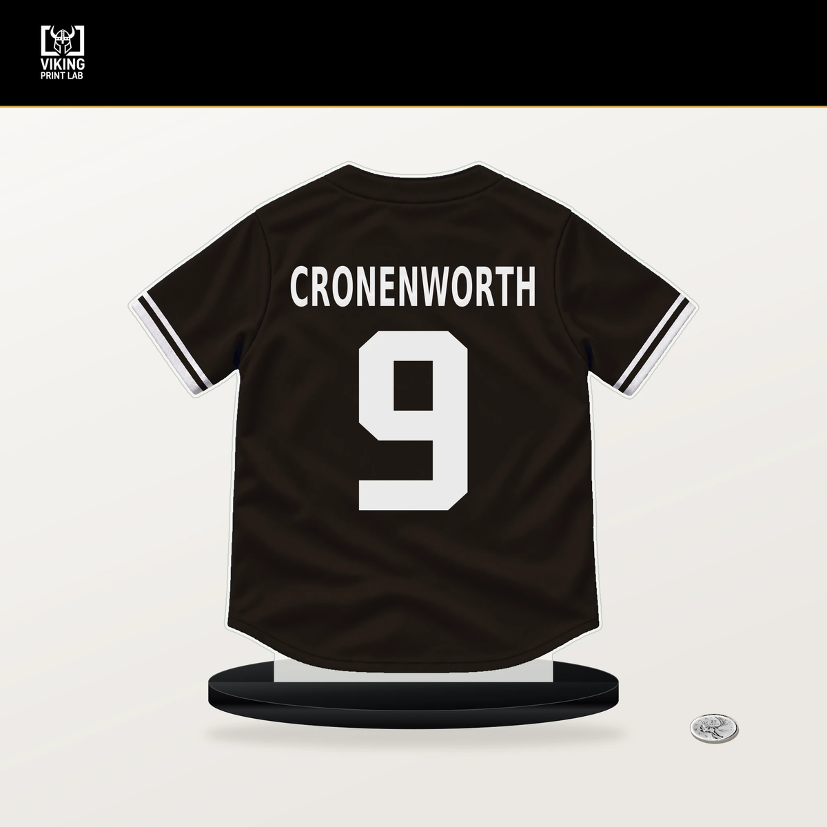 Jake Cronenworth number 9 San Diego Padres jersey stand with included black base.