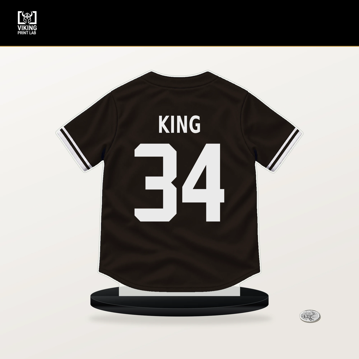 Michael King number 34 San Diego Padres jersey stand with included black base.