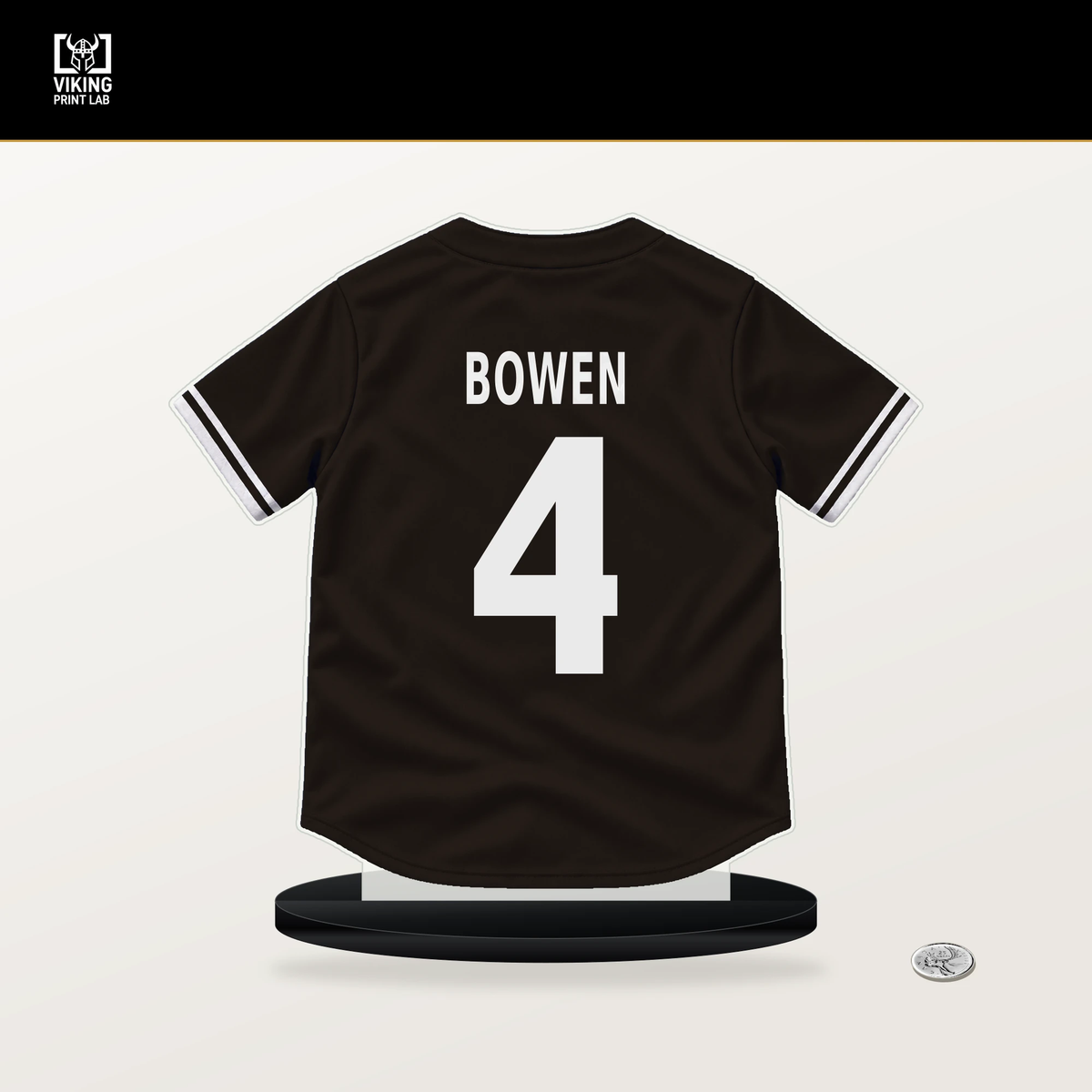 Jase Bowen number 4 San Diego Padres jersey stand with included black base.