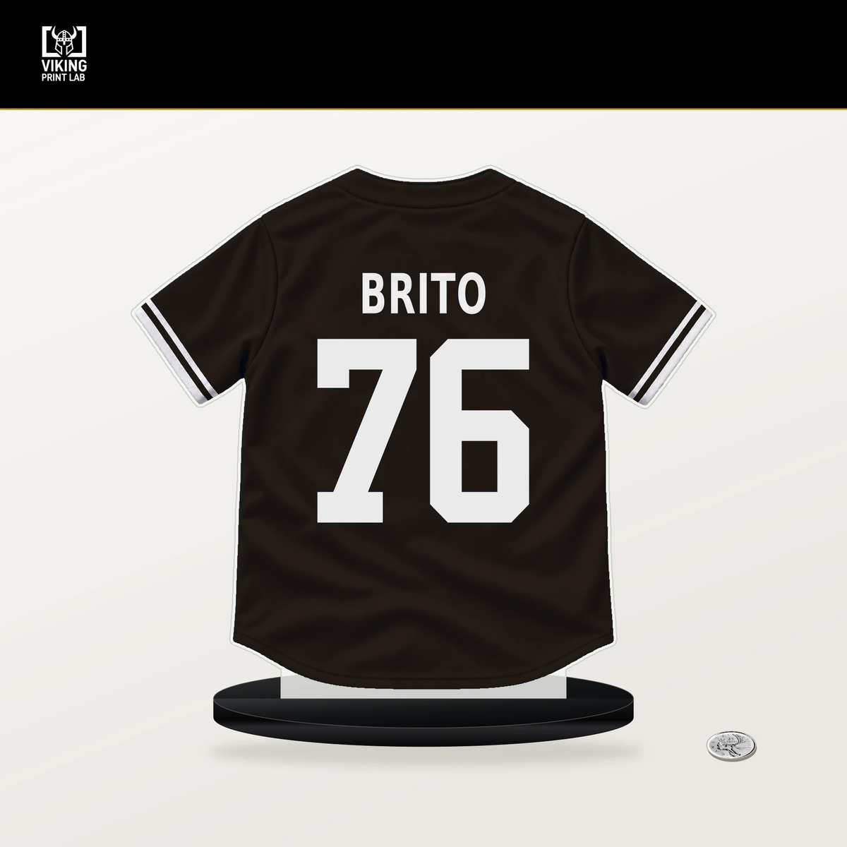 Jhony Brito number 76 San Diego Padres jersey stand with included black base.