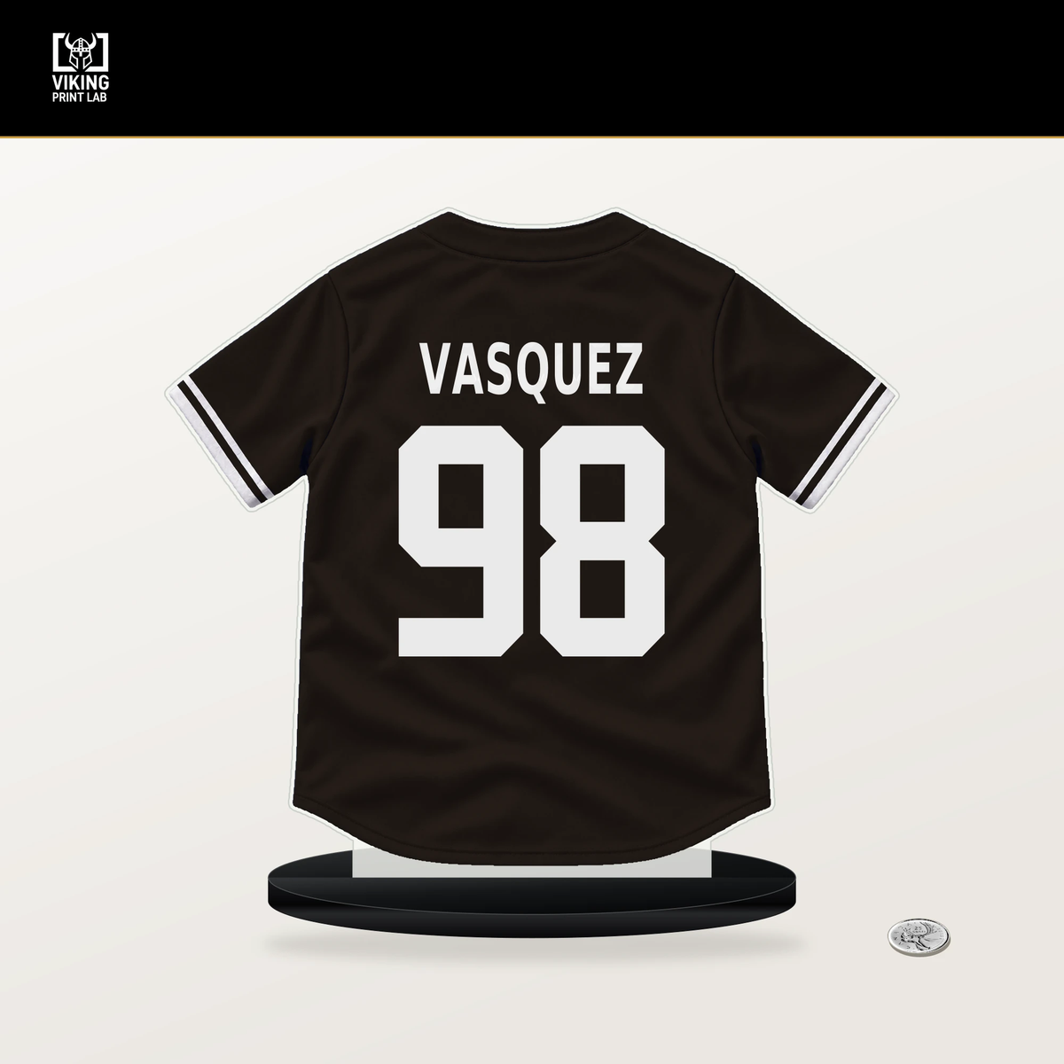 Randy Vasquez number 98 San Diego Padres jersey stand with included black base.