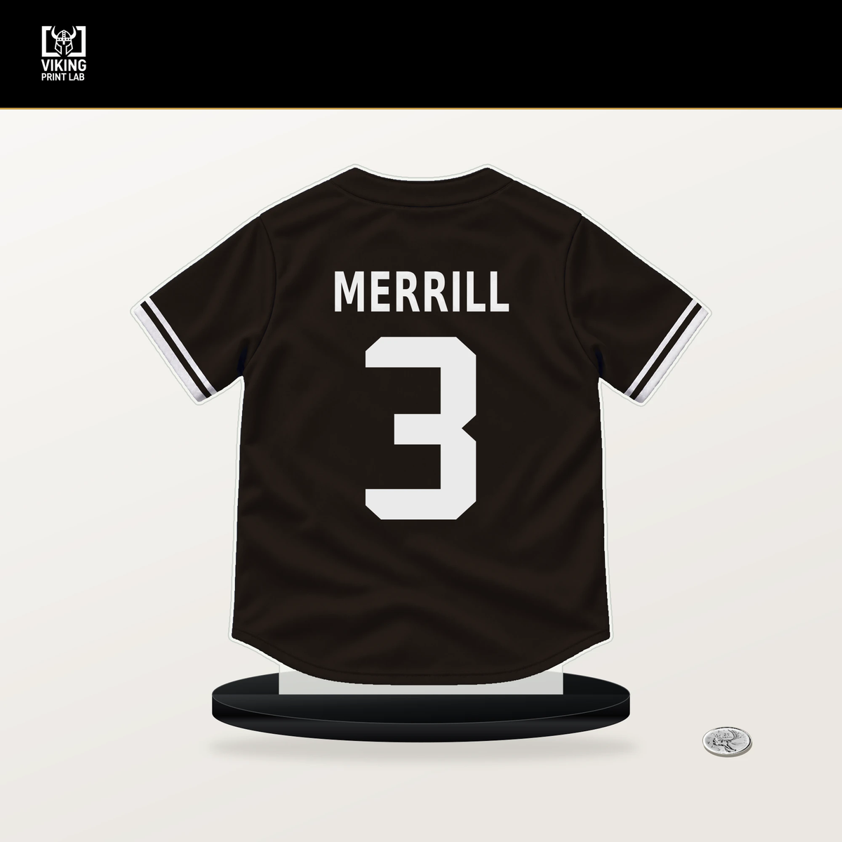 Jackson Merrill number 3 San Diego Padres jersey stand with included black base.