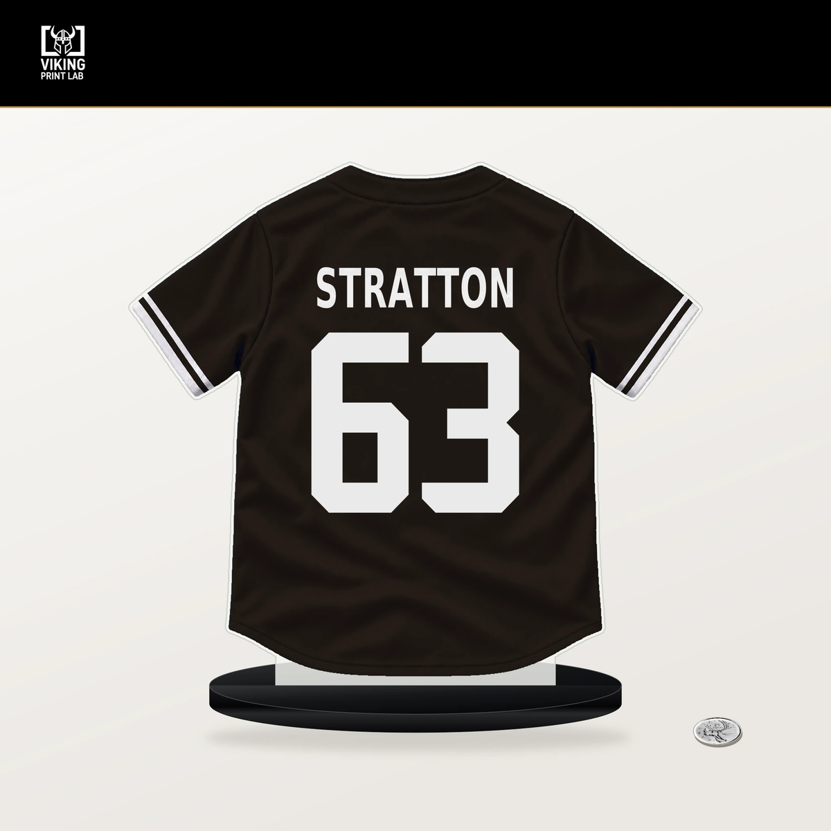 Hunter Stratton number 63 San Diego Padres jersey stand with included black base.