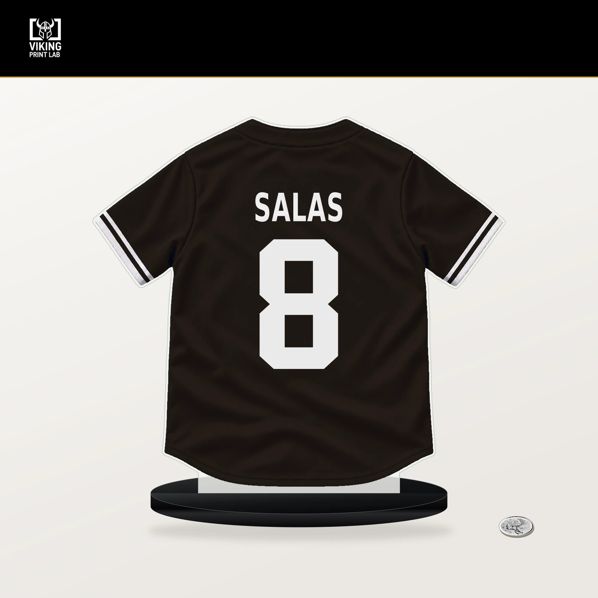 Ethan Salas number 8 San Diego Padres jersey stand with included black base.
