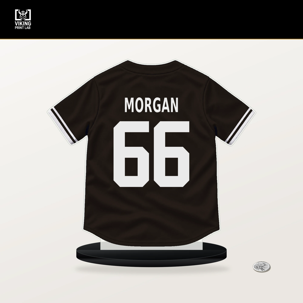 David Morgan number 66 San Diego Padres jersey stand with included black base.