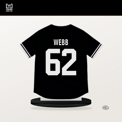 Logan Webb number 62 San Francisco Giants jersey stand with included black base.