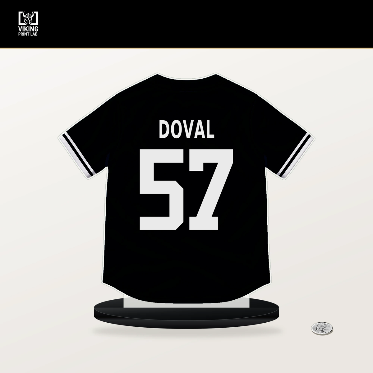 Camilo Doval number 57 San Francisco Giants jersey stand with included black base.