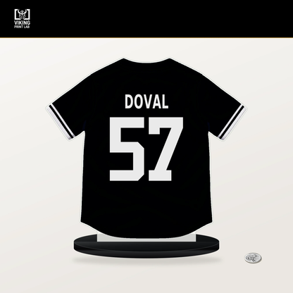 Camilo Doval number 57 San Francisco Giants jersey stand with included black base.
