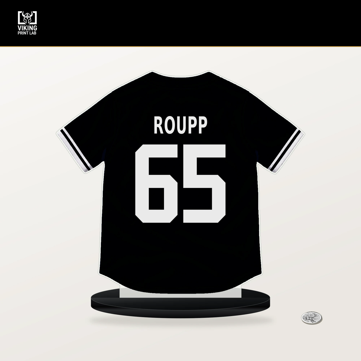 Landen Roupp number 65 San Francisco Giants jersey stand with included black base.