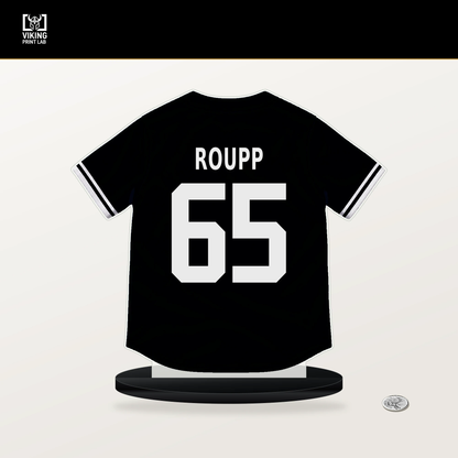 Landen Roupp number 65 San Francisco Giants jersey stand with included black base.
