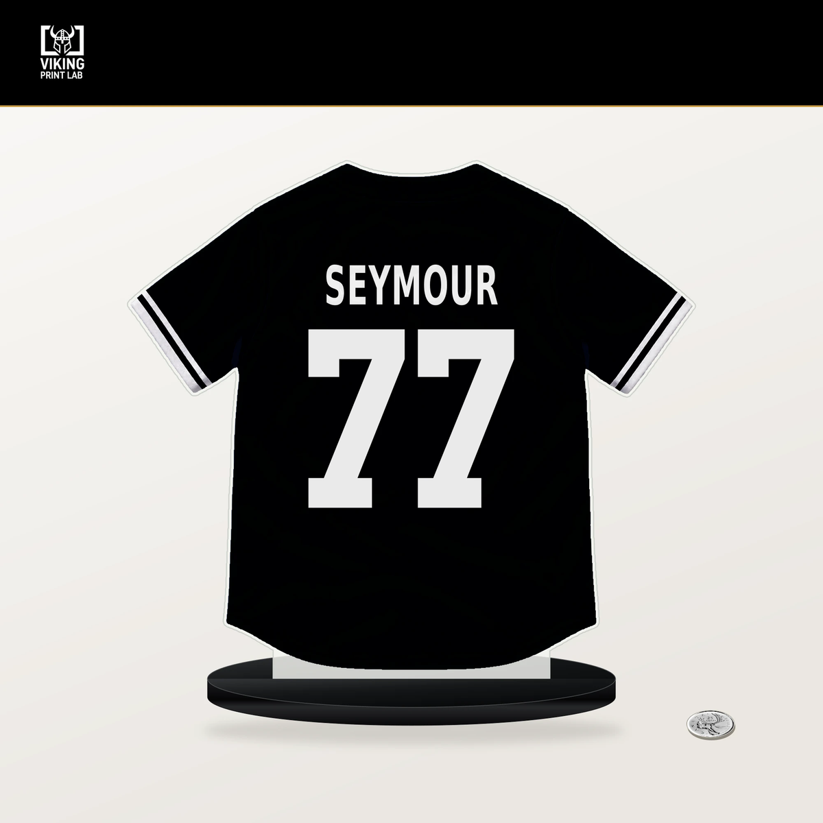 Carson Seymour number 77 San Francisco Giants jersey stand with included black base.